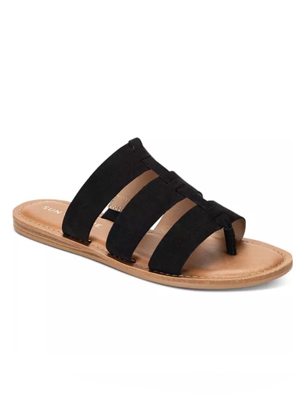 Sun + Stone Black and Tan Suede Like Slide Sandals